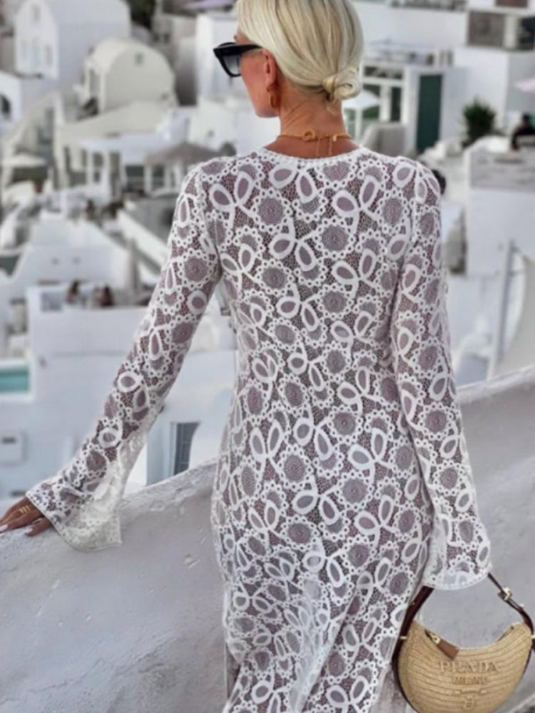 Vestido longo com fenda e manga comprida e renda floral Santorini Sunset