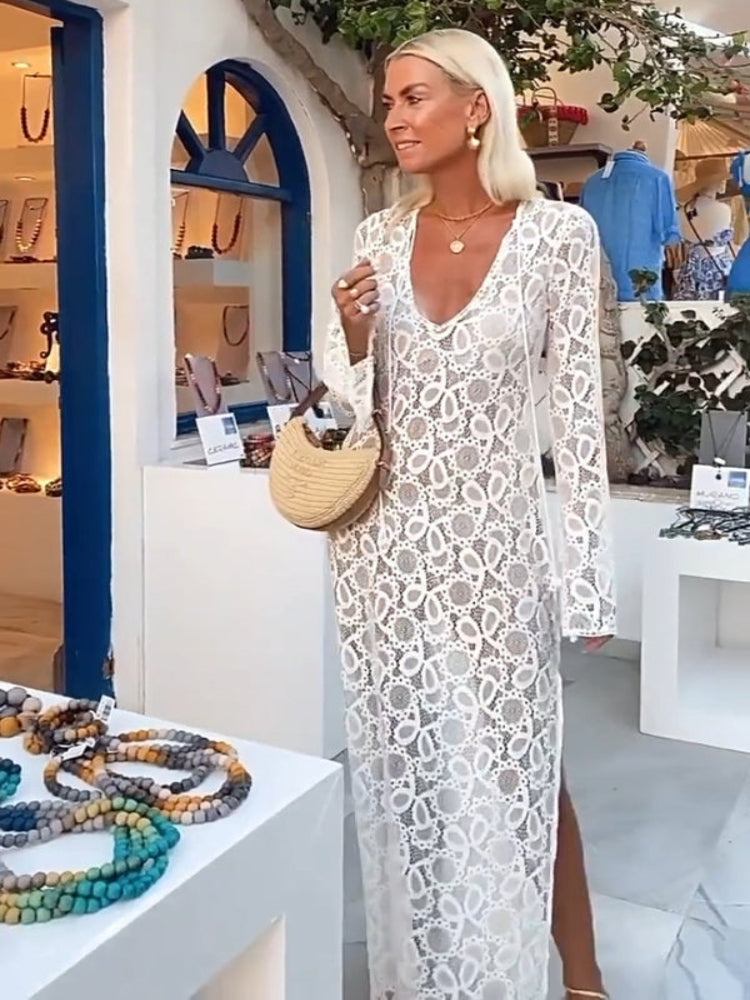 Vestido longo com fenda e manga comprida e renda floral Santorini Sunset