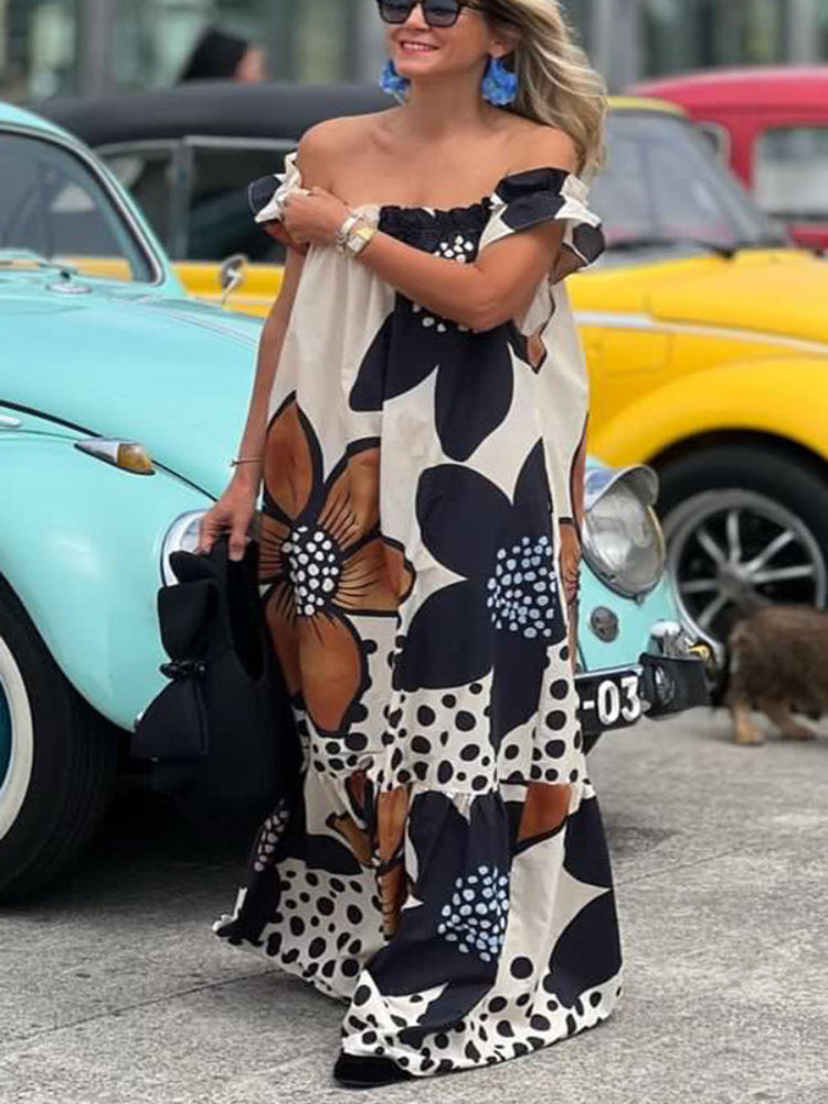 Vestido maxi linho e estampa floral, ombro a ombro