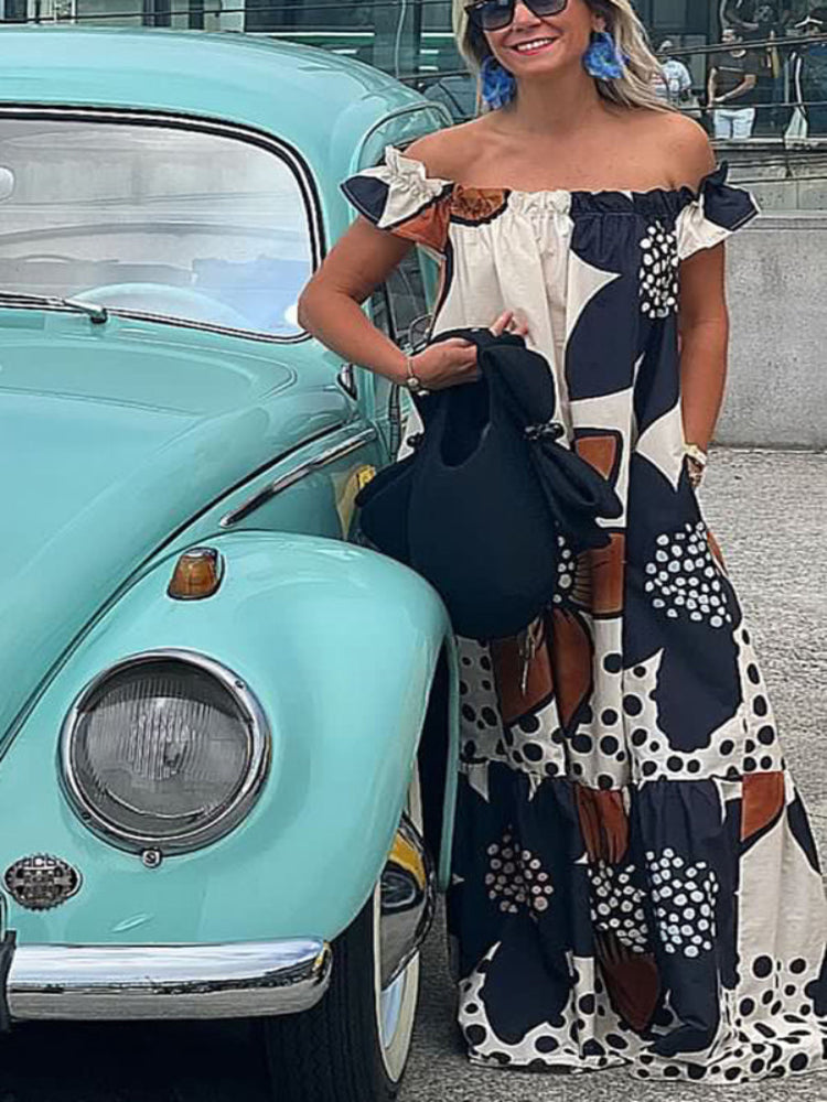 Vestido maxi linho e estampa floral, ombro a ombro