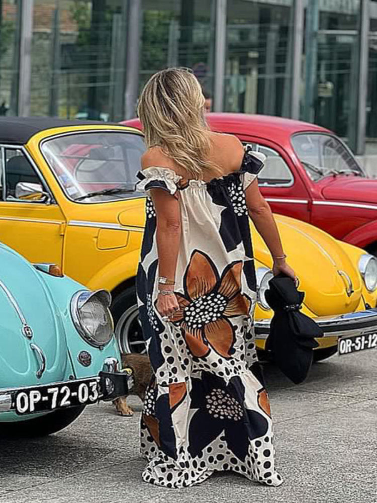 Vestido maxi linho e estampa floral, ombro a ombro