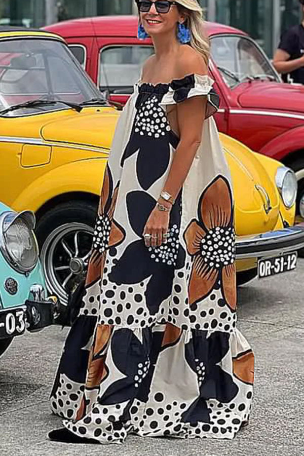 Vestido maxi linho e estampa floral, ombro a ombro