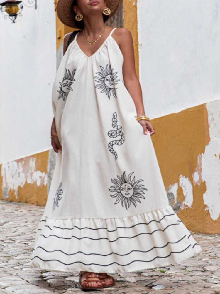 Vestido Longo Solto Marisol em Linho com Estampa Exclusiva e Modelagem Evasê