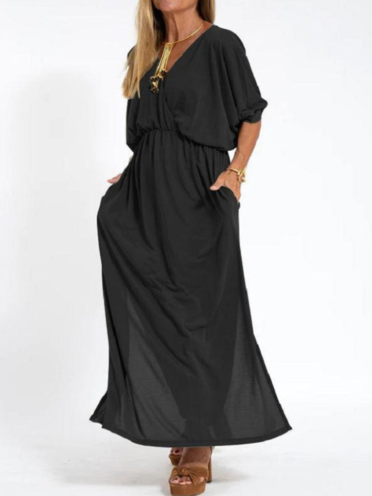 Vestido longo com fenda e bolsos, cintura elástica e manga curta, conforto máximo