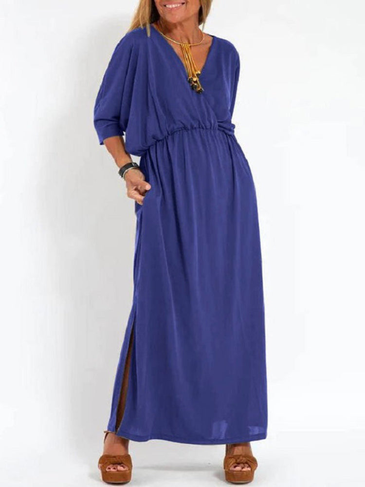 Vestido longo com fenda e bolsos, cintura elástica e manga curta, conforto máximo