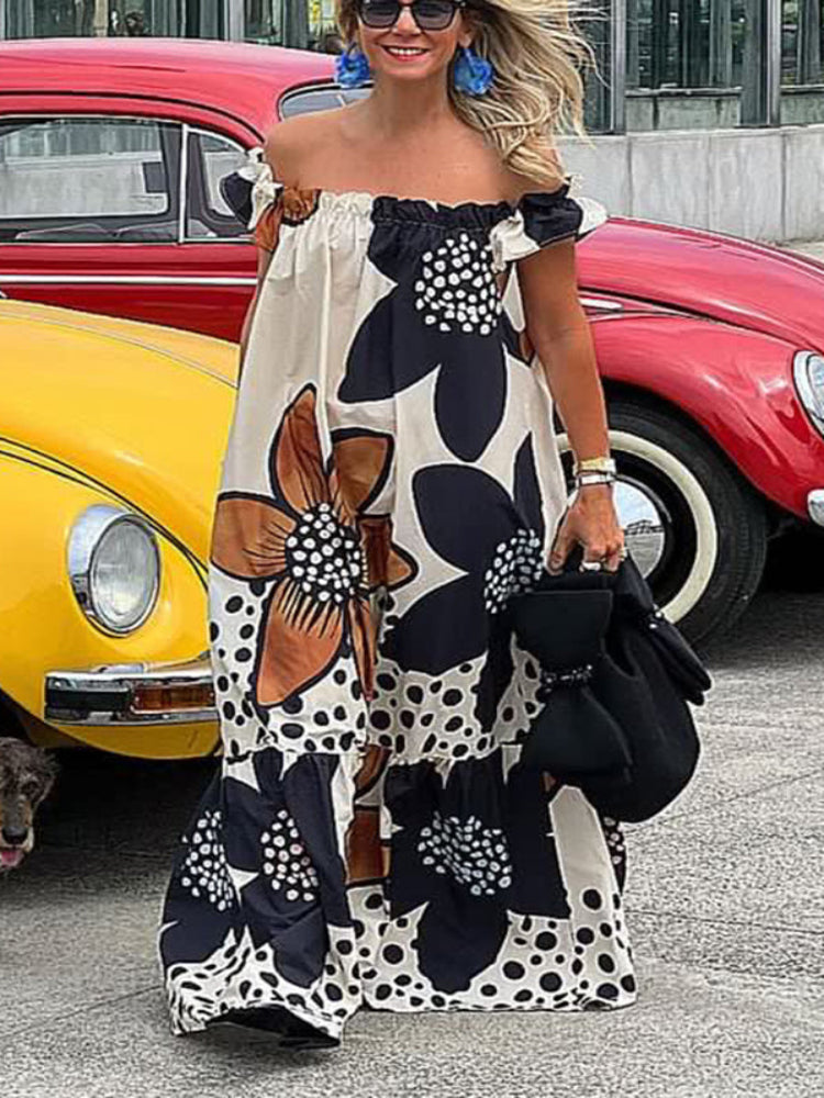 Vestido maxi linho e estampa floral, ombro a ombro