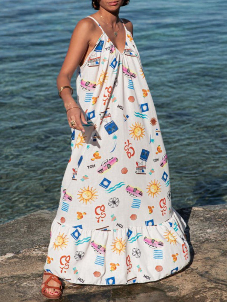 Vestido Longo Solto Marisol em Linho com Estampa Exclusiva e Modelagem Evasê