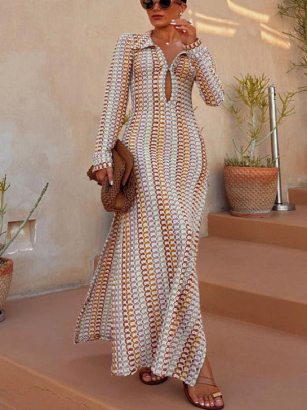 Vestido Maxi de Manga Longa com Estampa Colorida de Ondas