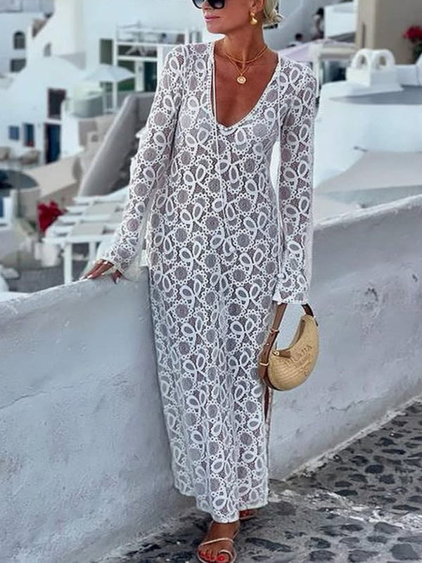 Vestido longo com fenda e manga comprida e renda floral Santorini Sunset