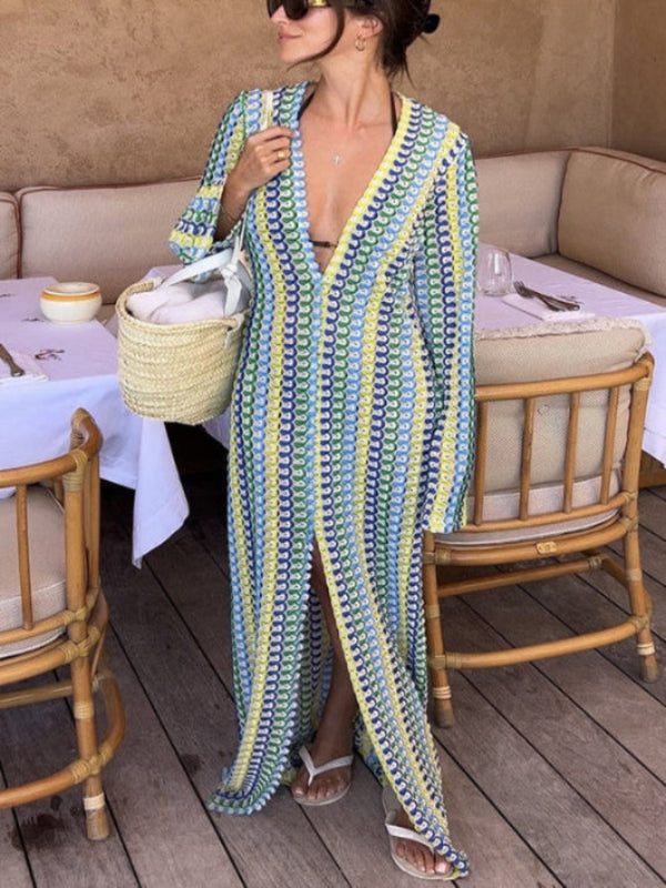 Vestido Maxi de Manga Longa com Estampa Colorida de Ondas