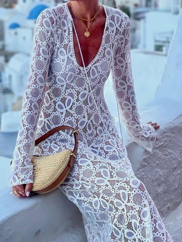 Vestido longo com fenda e manga comprida e renda floral Santorini Sunset