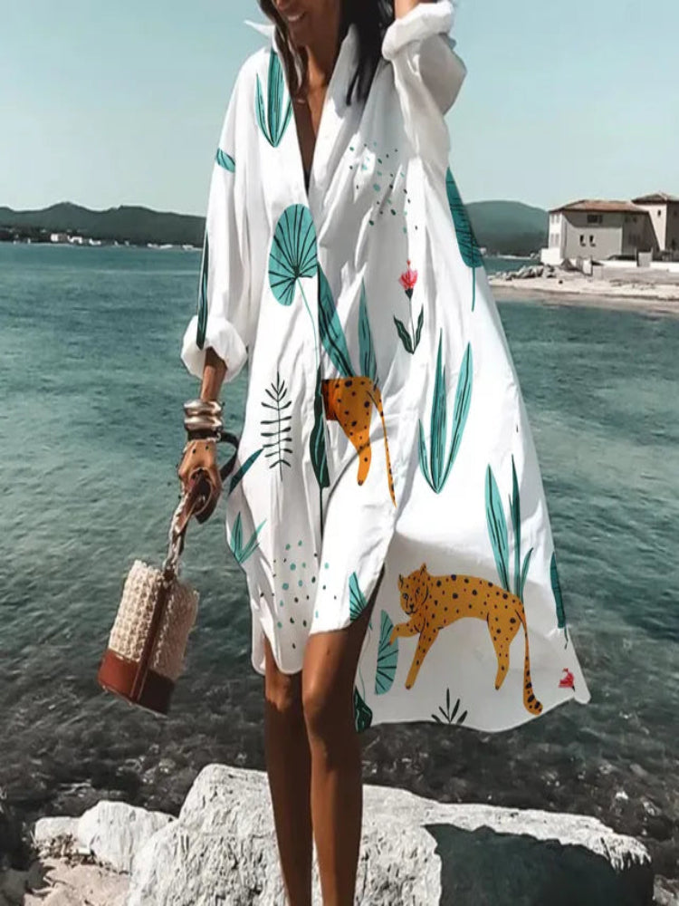 Saída de Praia Feminina Midi Estampada Coral