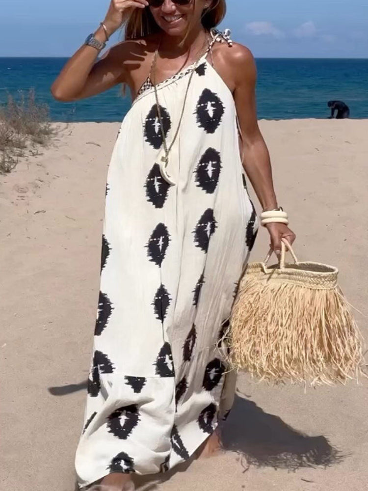 Vestido Maxi longo solto com estampa elegante e um ombro só