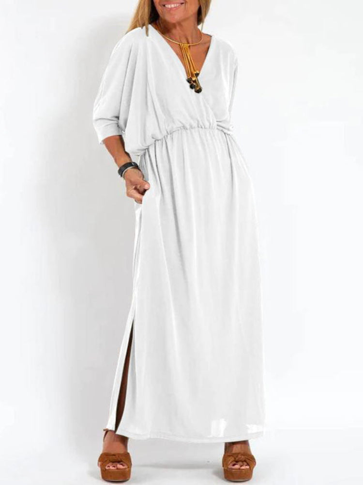 Vestido longo com fenda e bolsos, cintura elástica e manga curta, conforto máximo