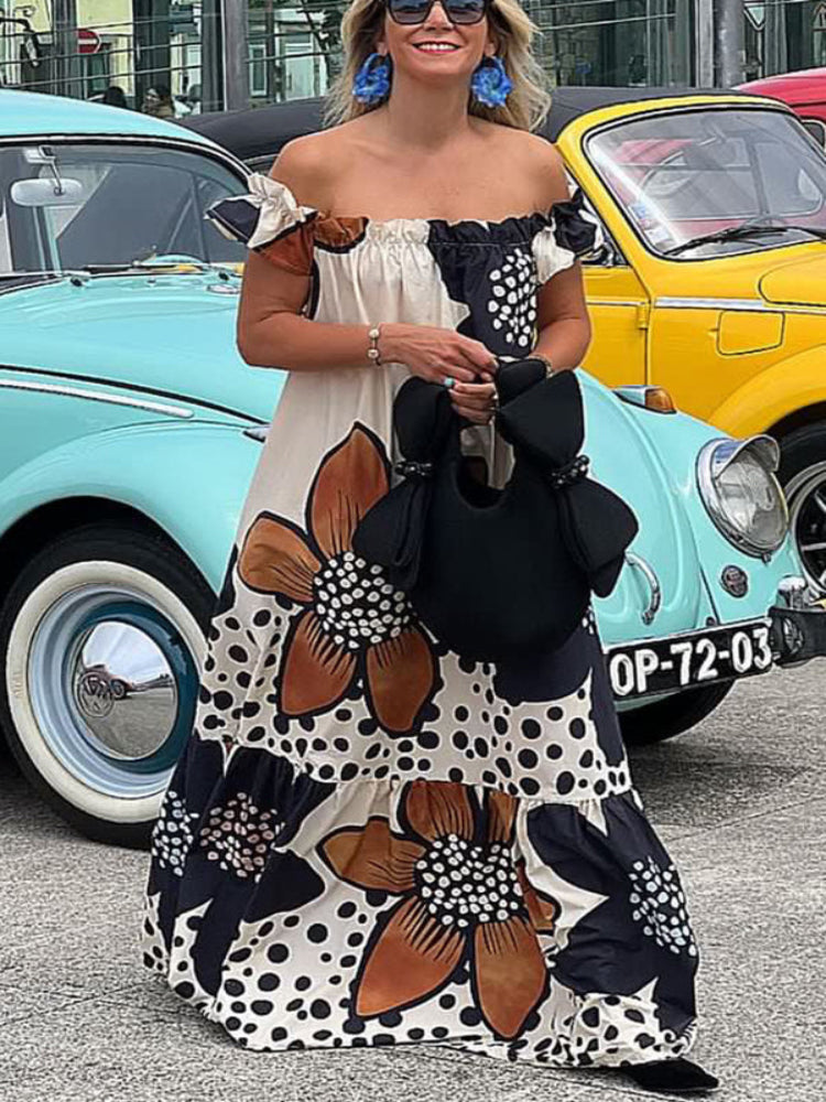 Vestido maxi linho e estampa floral, ombro a ombro